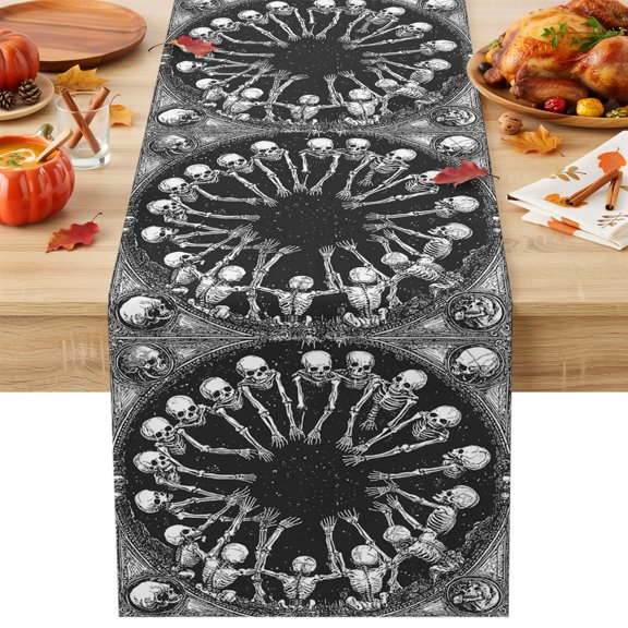 Halloween Scary Table Runner 13x36 Inch Skull Skeleton Silhouette Cotton Linen Dining Table Runner Ideal for Dresser Kitchen Coffee Tables - Machine Washable