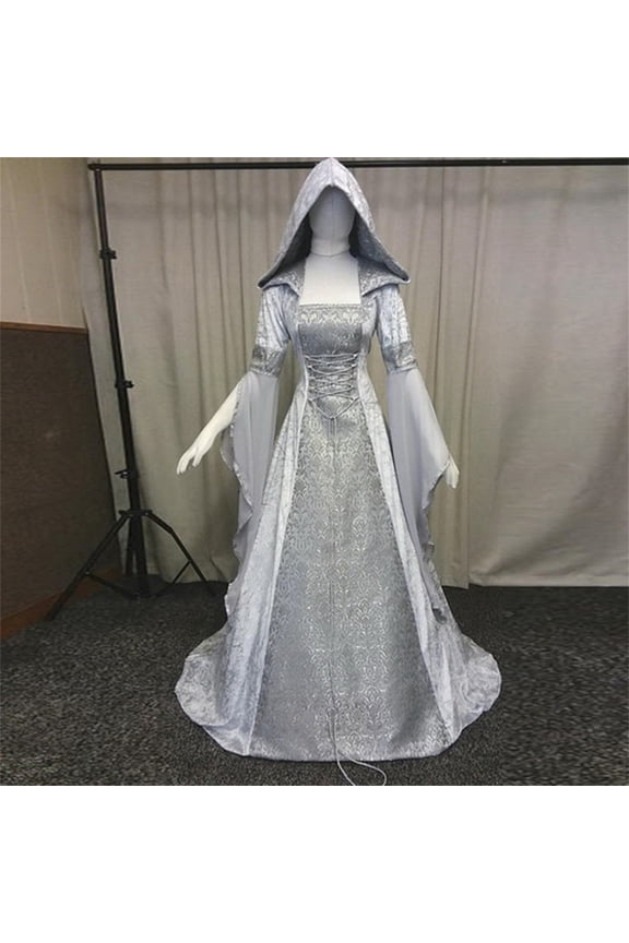 Halloween Scary Witch Costume Medieval Renaissance Era Gown Women Hooded Square Neck Lace Up Corset Bell Sleeve Silver Velvet Maxi Evening Dress for Cosplay Gothic Wedding Themed Party-Gray/XXL