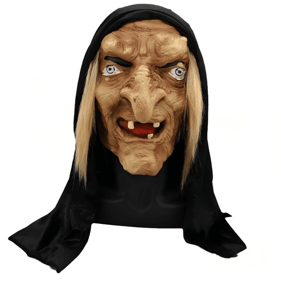Halloween Scary Witch Latex Mask Creepy Old Hag Costume Mask with Black Hood for Adult Cosplay Party