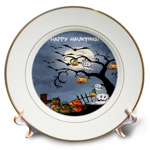 3dRose, Halloween Scene with Tree, Moon, Pumpkins, and Bats, 8 inch Porcelain Plate