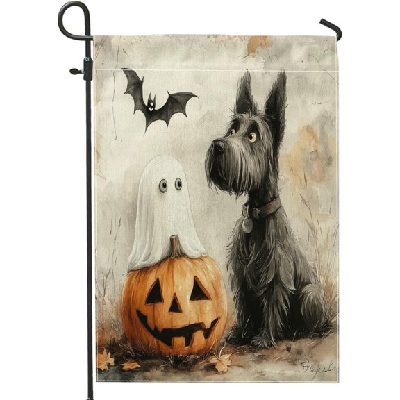 Halloween Scottish Terrier Dog Garden Flags 12x18 Inch Double Sided for Outside, Fun Ghost Puppy Pet Standard Vertical Canvas House Flags, Scary Pumpkin Front Yard Backyard Lawn Flags