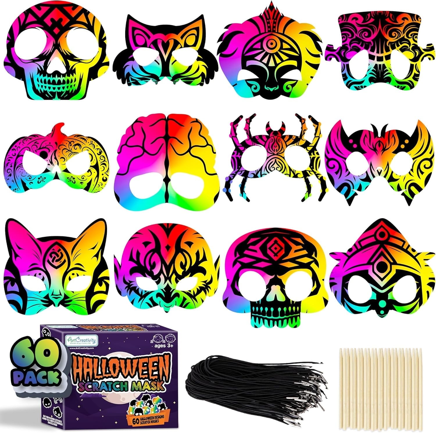 ArtCreativity Halloween Scratch Art Masks Set – 60 DIY Masks with ...