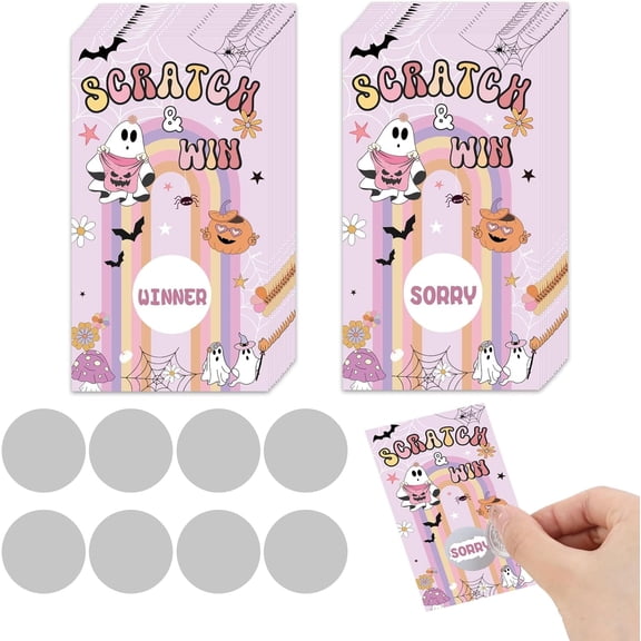 Halloween Scratch Off Cards, 50 PCS Hippie Spooky Ghost Scratch Off Cards, Retro Halloween Party Game, Groovy Halloween Lottery Prize Raffle Tickets for Baby Shower Bridal Shower Birthday