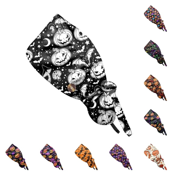 Halloween Scrub Caps Pumpkin Surgical Caps for Women Adjustable Tie Back Working Hat Nurse Headwear