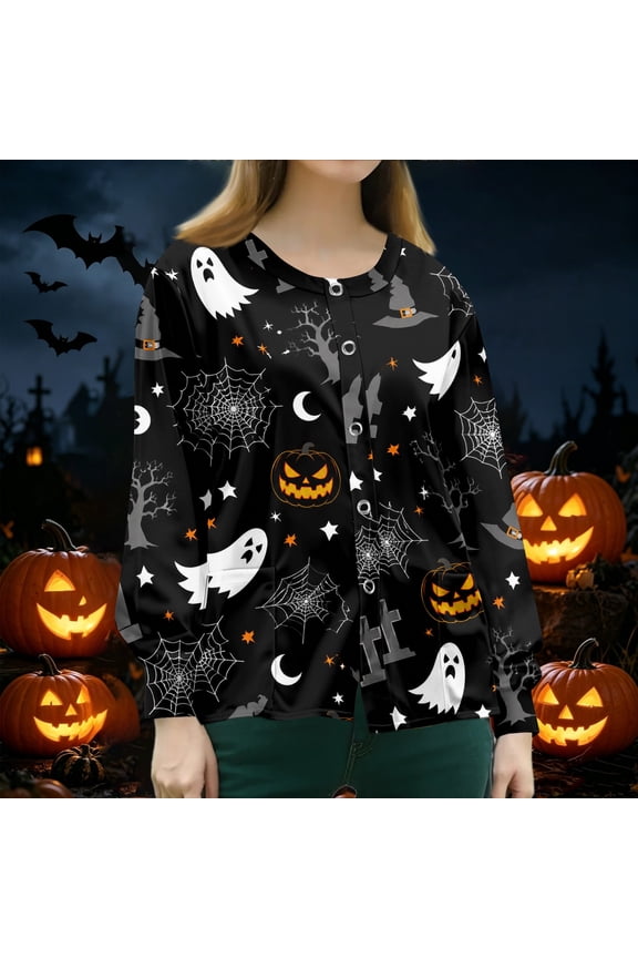 Halloween Scrub Jackets for Woman Long Sleeve Snap Front Plus Size Scrub Tops Cute Pumpkin Ghost Medical Uniforms Soft Breathable Nurse Working Uniform Black XL