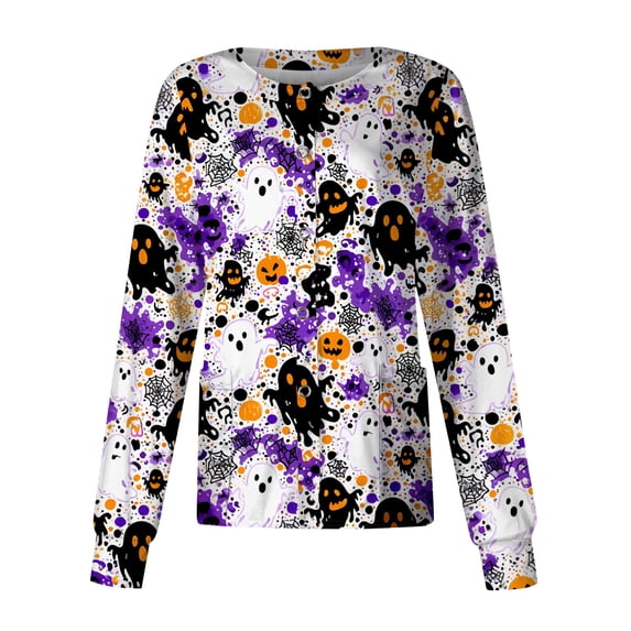 Halloween Scrub Jackets for Women Pumpkin Ghost Bat Print Shirts Snap Front Short Sleeve Nursing Uniform with Pockets Spooky Medical Work Cardigan Jacket,Army Green,M