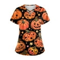 thumbnail image 1 of Halloween Scrub，Plus Size Women'S Halloween Pumpkin-Headed Bat Printed Scrub Tops V-Neck Fun T Shirts Nurse Uniform Tee With Pockets，Orange，Xxxl, 1 of 3