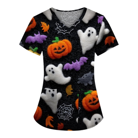 Halloween Scrub Shirts Medical Uniforms Tops Print Scrubs for Women Nurse Vet Pediatric with Design