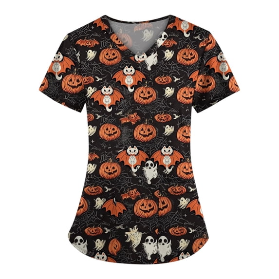 Halloween Scrub Shirts Medical Uniforms Tops Print Scrubs for Women Nurse Vet Pediatric with Design
