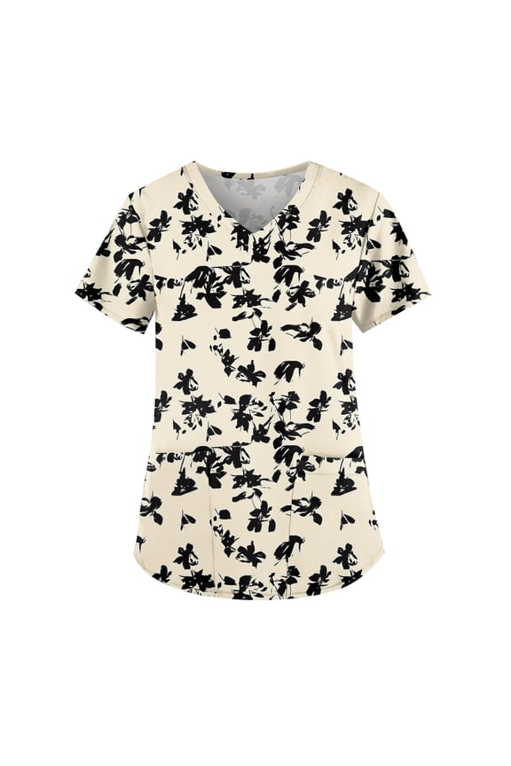 Womens Scrubs, Plus Size Floral Printed Working Uniform Tops V Neck Short Sleeve Tshirts Workwear Tee With Pockets Women'S Scrubs Mens Pants Pride Outfits Tops Outfits (L, Beige) ZMTing