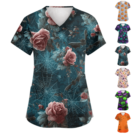 Halloween Scrub Top Print Womens Scrubs Medical Nursing Uniforms Halloween Scrub Tops Women Short Sleeve Scrubs For Women Stretchy Pediatric Nursing Shirts With Pocket Dark Blue M