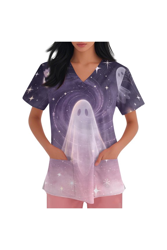 Halloween Scrub Top for Women, Soft Stretch Breathable Lightweight Medical Uniform, V Neck Short Sleeve Nursing Shirt for Hospital Vet Clinic, Healthcare Holiday Workwear 02-White 5XL