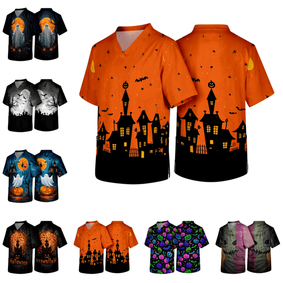 Halloween Scrub Top for Men Stylish Casual Short Sleeve V Neck Scrub Tshirts Funny Novelty Style Classic Fit Working Uniform Orange 3XL