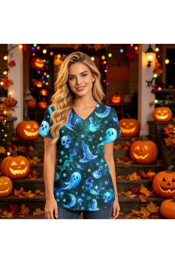 Halloween Scrub Top for Women, Glowing Pumpkin & Magic Potion V-Neck Medical Uniform with Pockets, Loose Fit Short Sleeve Nurse Tunic, 1 Piece Blue S
