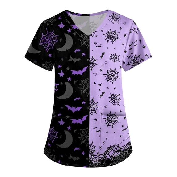 Halloween Scrub Tops For Women, V Neck Printed Uniform | Soft Cotton Fabric, Loose Fit, Great For Fall Medical Work Shifts Purple 3XL