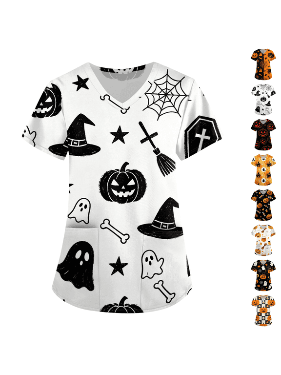 Halloween Scrub Tops Pumpkin Print Women Short Sleeve V Neck Plus Size Nurse Uniform with Pockets
