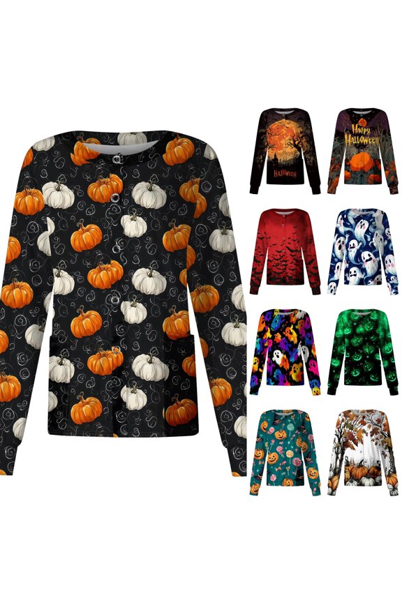 Halloween Scrub Tops for Women Candy Castle Graphic Long Sleeve Button Down Spooky Medical Uniforms Skeleton Print Crew Neck Scrub Shirts with Pockets XL