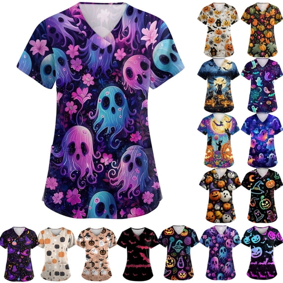 Halloween Scrub Tops Women Cartoon Ghost V Neck Plus Size Scrub Shirts Nursing Stretch Fitted Holiday Short Sleeve Party Uniform Workwear With Pockets Light pink L