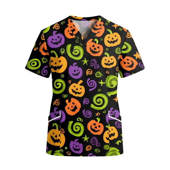 Halloween Scrub Tops Women Funny Halloween Party Graphic Nurse Working Uniforms Fashion V Neck Scrub Shirt Holiday Short Sleeve Medical Workwear with Pockets Earthy Yellow M