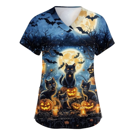 Halloween Scrub Tops Women Funny Print Plus Size Scrubs for Women,Stretchy Nursing Pediatric Uniforms Shirts with Pockets Sky Blue XL