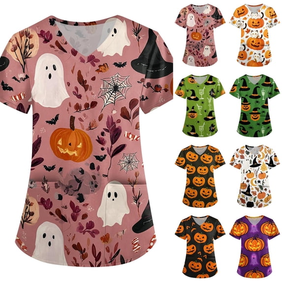 Halloween Scrub Tops Women Funny Pumpkin Ghost Nurse Working Uniforms Fashion V-Neck Scrub Shirt Holiday Short Sleeve Medical Workwear with Pockets Purple Pink XL