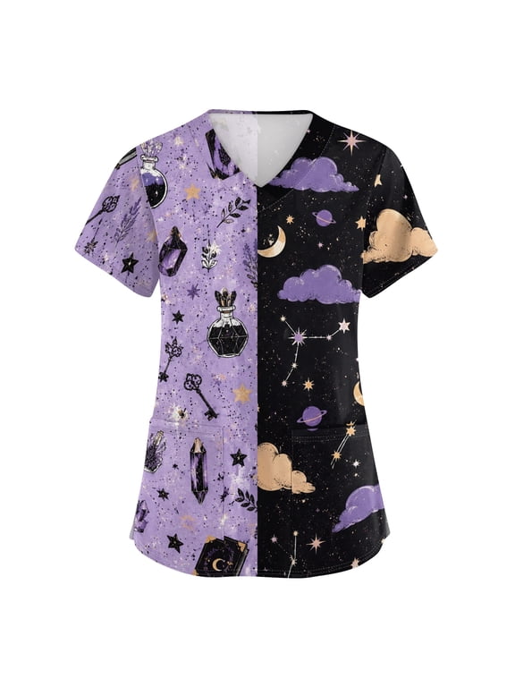 Halloween Scrub Tops Women Funny Short Sleeve Spooky Halloween Printed Scrubs Horror V Neck Scrub Shirts Nursing Uniform Medical Nurse Workwear with Pockets, 2XL