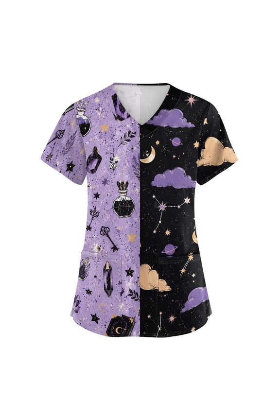 Halloween Scrub Tops Women Funny Short Sleeve Spooky Halloween Printed Scrubs Horror V Neck Scrub Shirts Nursing Uniform Medical Nurse Workwear with Pockets, 2XL