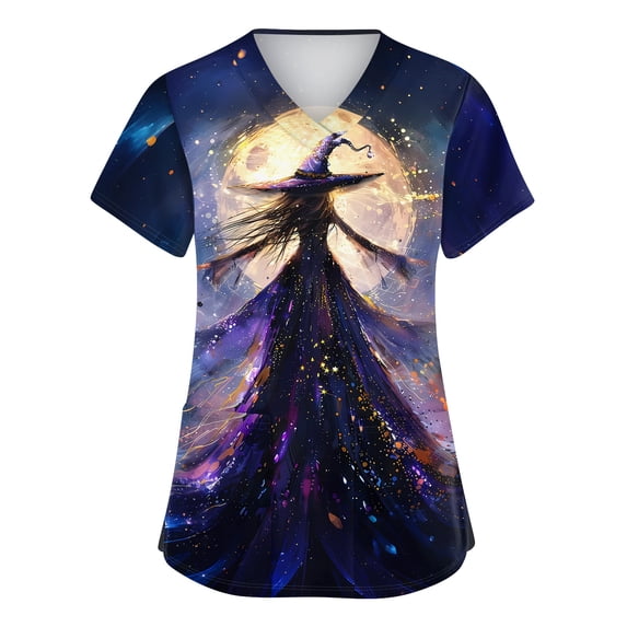 Halloween Scrub Tops Women Funny Short Sleeve Spooky Witch Printed Scrubs Horror V Neck Scrub Shirts Nursing Uniform Medical Nurse Workwear with Pockets, 3XL