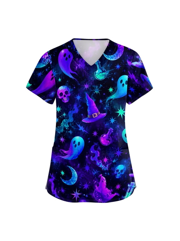 Halloween Scrub Tops Women Funny V Neck Horror Ghost Witch Hat Printed Scrubs Spooky Short Sleeve Scrub Shirts Nursing Workwear Medical Nurse Uniform with Pockets, XL