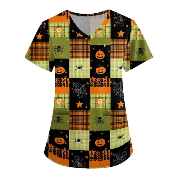 Halloween Scrub Tops for Women Funny V Neck Horror Pumpkin Printed Scrub Shirts Spooky Short Sleeve Scrubs Medical Nurse Workwear Nursing Uniform with Pockets, XL