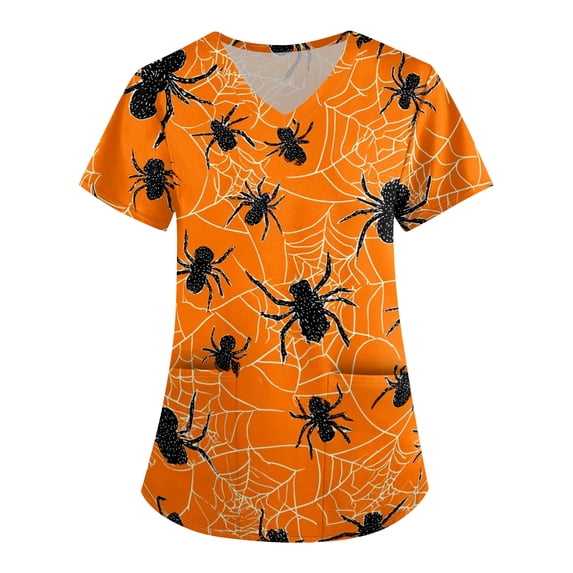 Halloween Scrub Tops for Women Funny V Neck Horror Spider Cobweb Printed Scrubs Spooky Short Sleeve Scrub Shirts Nursing Uniform Medical Nurse Workwear with Pockets, 4XL