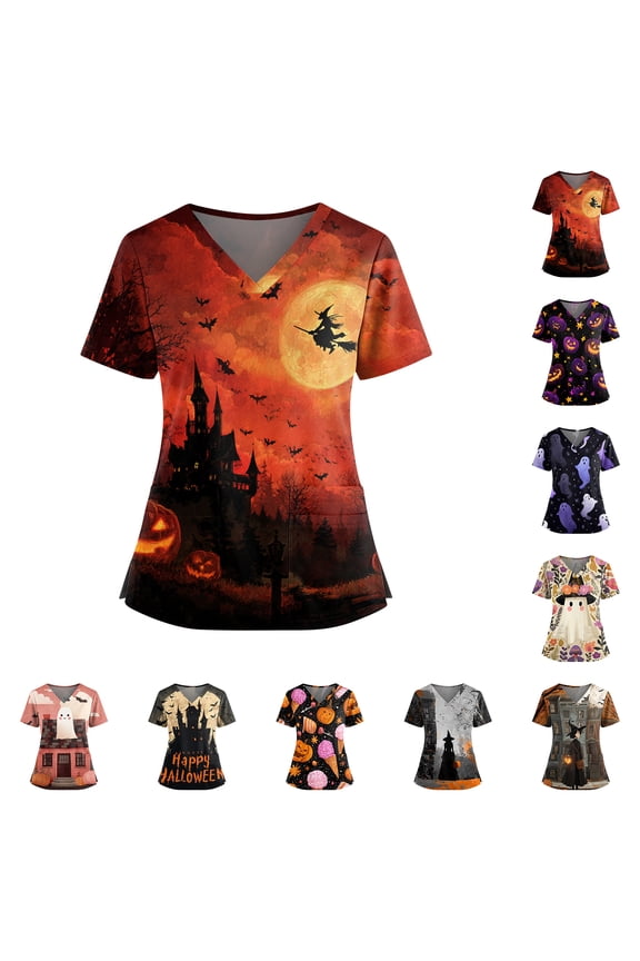 Halloween Scrub Tops for Women Ghost Skeleton Graphic Short Sleeve Vintage Holiday Scrubs Top Castle Print V-Neck Scary Medical Scrub Shirts with Pockets 2XL