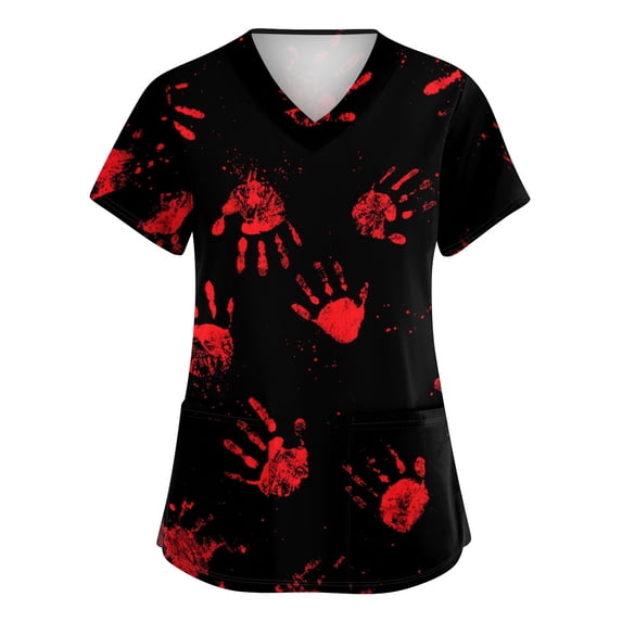 Halloween Scrub Tops Women Halloween Party Graphic V Neck Short Sleeve Plus Size Scrubs Tops Nursing Scrubs Stretch Fitted Summer Holiday Trendy Uniform Workwear With Pockets Red 4XL