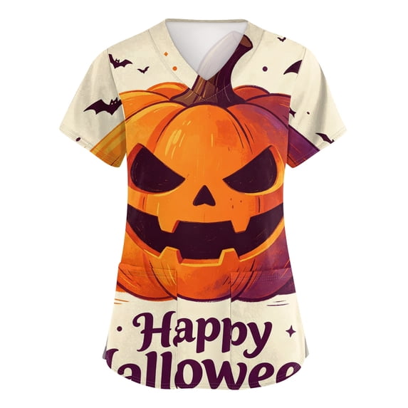 Halloween Scrub Tops Women Horror Bats Ghost Print V Neck Short Sleeve Nurse Shirts Medical Uniforms with Pocket 03-Earthy Yellow 5XL