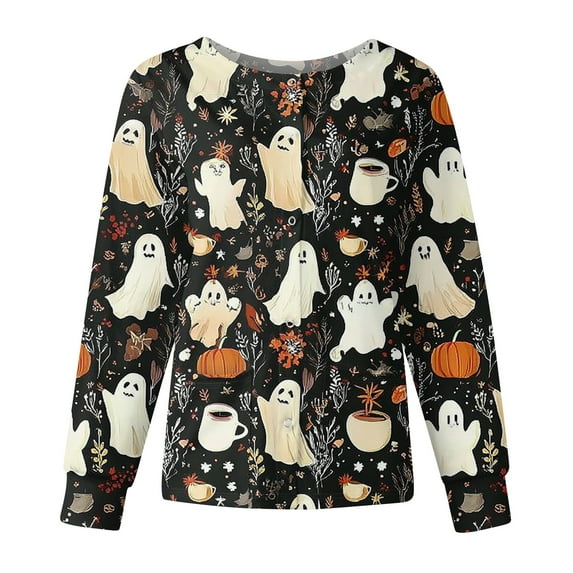 Halloween Scrub Tops Women Medical Scrubs Plus Size Stretch V Neck Long Sleeve Pumpkin Blouse Shirt Workwear Working Uniform