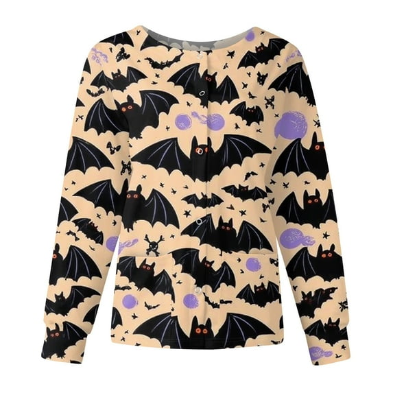 Halloween Scrub Tops Women Medical Scrubs Plus Size Stretch V Neck Long Sleeve Pumpkin Blouse Shirt Workwear Working Uniform
