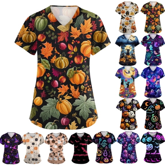 Halloween Scrub Tops Women Plus Size Fall Harvest Prints Nurse Working Uniforms Trendy V-Neck Scrub Tops Party Short Sleeve Tees Blouse with Pockets Saffron S