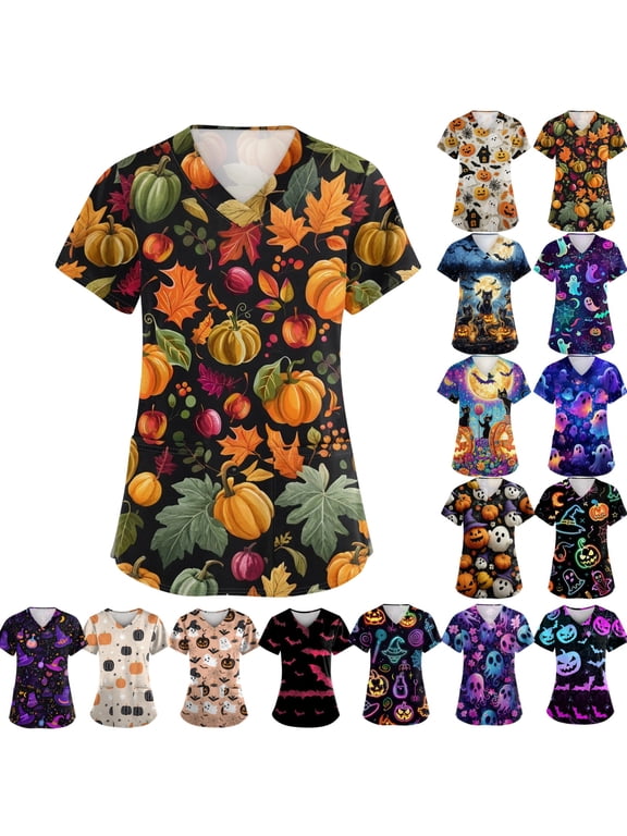 Halloween Scrub Tops Women Plus Size Fall Harvest Prints Nurse Working Uniforms Trendy V-Neck Scrub Tops Party Short Sleeve Tees Blouse with Pockets Saffron S