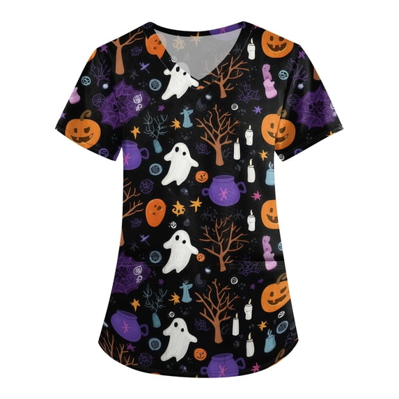 Halloween Scrub Tops Women Plus Size Funny Short Sleeve Horror Pumpkin Ghost Printed Scrub Shirts Spooky V Neck Scrubs Medical Nurse Uniform Nursing Workwear with Pockets, 5XL