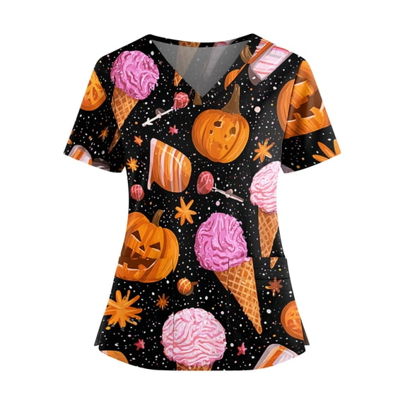 Halloween Scrub Tops for Women Plus Size Funny Short Sleeve Spooky Pumpkin Printed Scrub Shirts Horror V Neck Scrubs Medical Nurse Workwear Nursing Uniform with Pockets, L