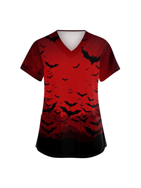 Halloween Scrub Tops for Women Plus Size Funny V Neck Horror Bat Printed Scrub Shirts Spooky Short Sleeve Scrubs Nursing Workwear Medical Nurse Uniform with Pockets, L