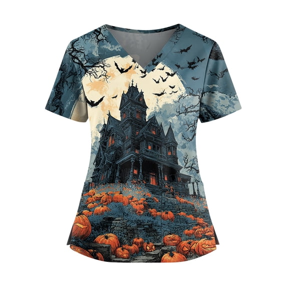 Halloween Scrub Tops Women Plus Size Funny V Neck Horror Castle Printed Scrubs Spooky Short Sleeve Scrub Shirts Nursing Uniform Medical Nurse Workwear with Pockets, XL