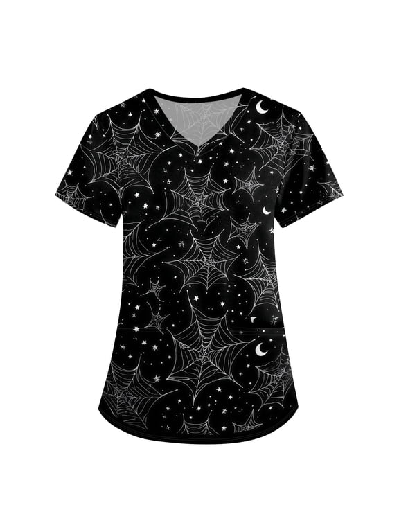 Halloween Scrub Tops for Women Plus Size Funny V Neck Horror Cobweb Printed Scrub Shirts Spooky Short Sleeve Scrubs Medical Nurse Uniform Nursing Workwear with Pockets, XL