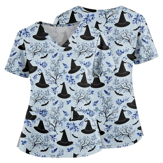 Halloween Scrub Tops Women Plus Size Halloween Party Graphic Nursing Uniform Fashion V-Neck Side Slits Scrub Shirt Holiday Short Sleeve Tees Blouse with Pockets Light Blue 5XL