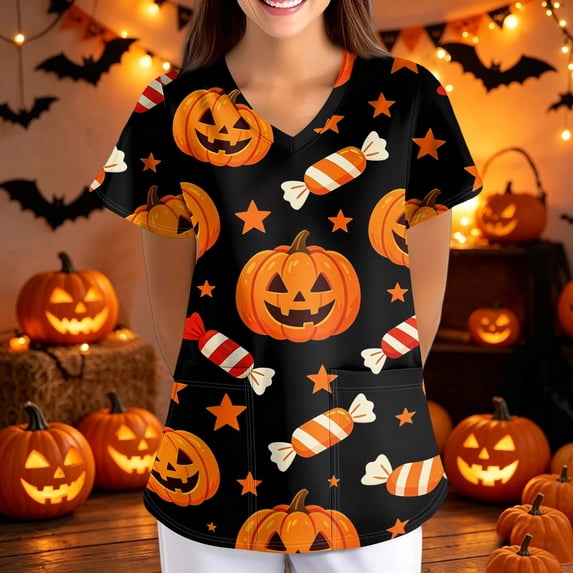 Halloween Scrub Tops Women Plus Size Halloween Pumpkin Nursing Uniform Fashion V-Neck Scrub Tops Holiday Short Sleeve Medical Workwear with Pockets Black 3XL