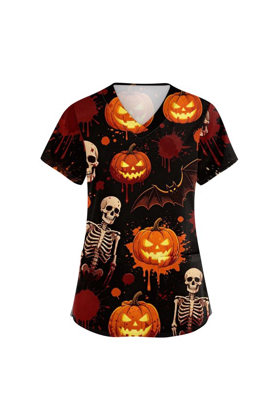 Halloween Scrub Tops Women, Plus Size Scrubs for Women, Spooky Print Nursing Uniforms with Pockets