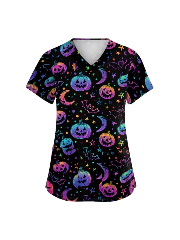 Halloween Scrub Tops for Women Plus Size Short Sleeve Spooky Halloween Ghost Pumpkin Printed Funny Scrub Shirts Horror V Neck Scrubs Medical Nurse Uniform Nursing Workwear with Pockets,S