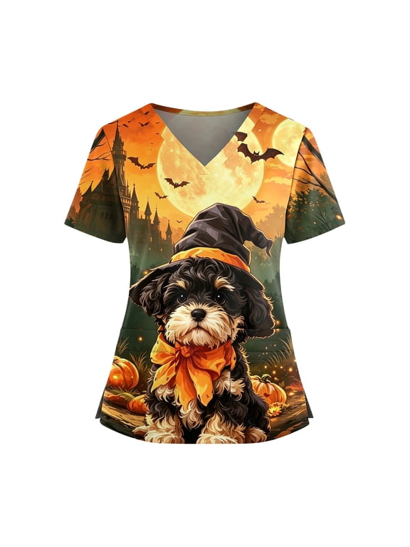 Halloween Scrub Tops Women Plus Size V Neck Horror Halloween Ghost Pumpkin Printed Spooky Scrubs Funny Short Sleeve Scrub Shirts Nursing Uniform Medical Nurse Workwear with Pockets,XL