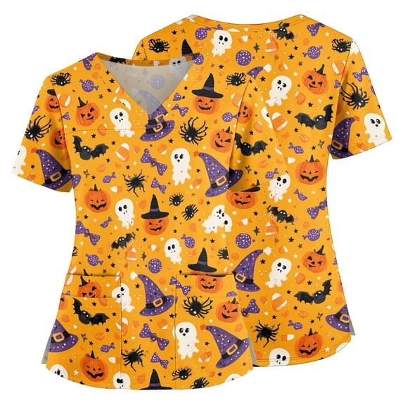 Halloween Scrub Tops Women Premium Beach Nurse Working Uniforms Fashion V-Neck Pumpkin Ghost Side Slits Scrub Tops Ultra Soft Short Sleeve Tees Blouse with Pockets Yellow S