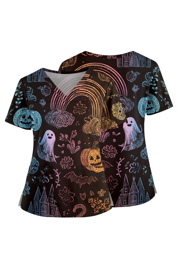 Halloween Scrub Tops Women Premium Vintage Nursing Uniform Fashion V Neck Pumpkin Ghost Side Slits Scrub Shirt Breathable Short Sleeve Medical Workwear with Pockets Gold 3XL